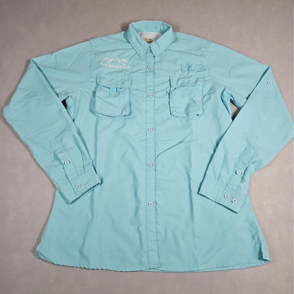 Banana Boat Womens Teal Vented Button Up Zion National Park Shirt Size Large